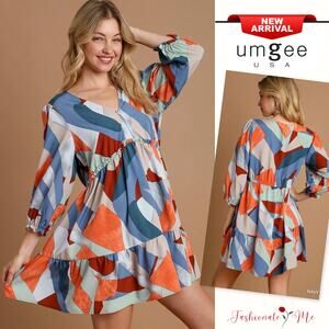 Umgee Abstract Geometric Print V-Neck Three Quarter Sleeves Tiered Dress | Navy